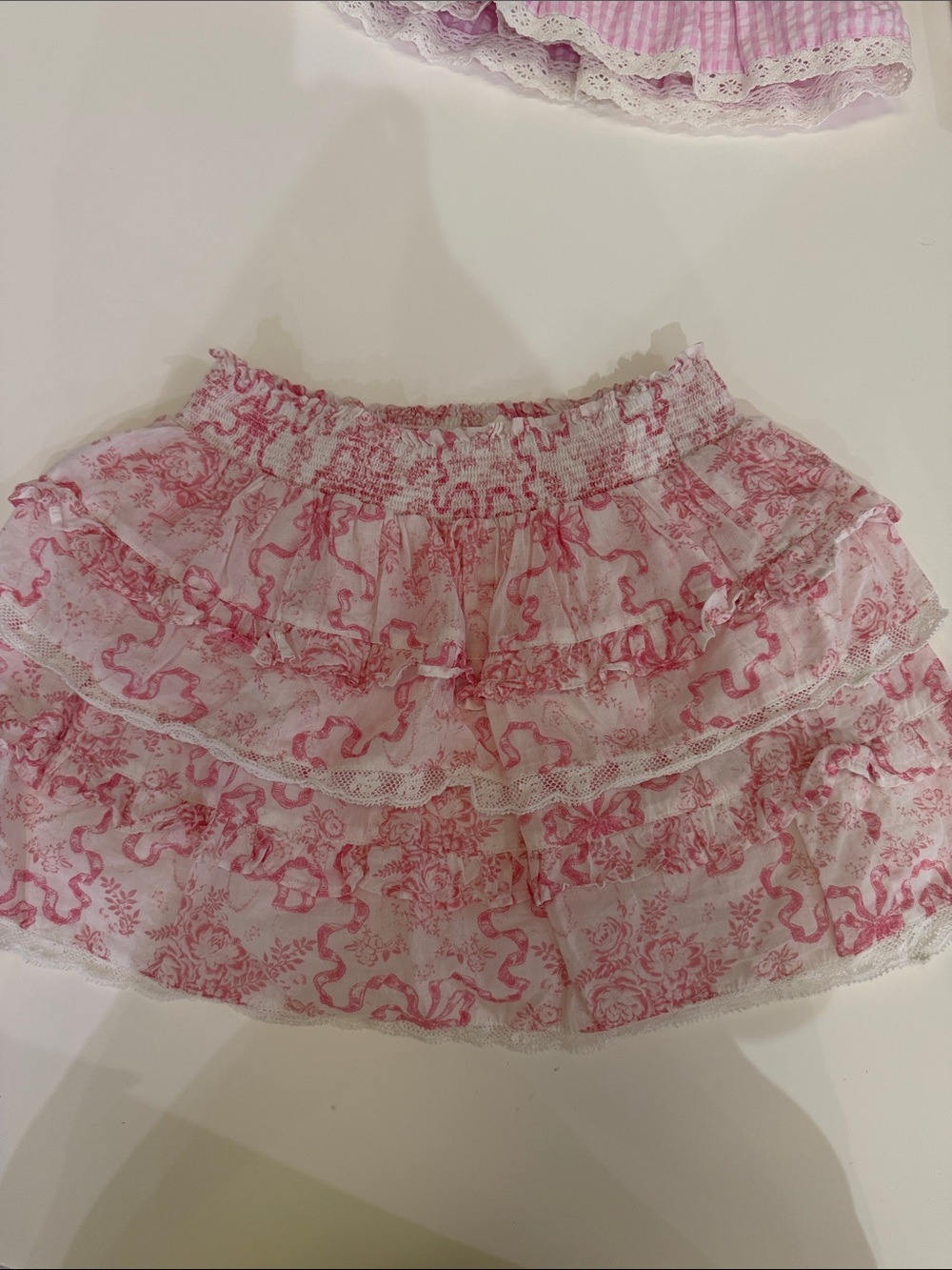 LoveShackFancy Pink Ruffle Tiered Skirt with Lace Trim